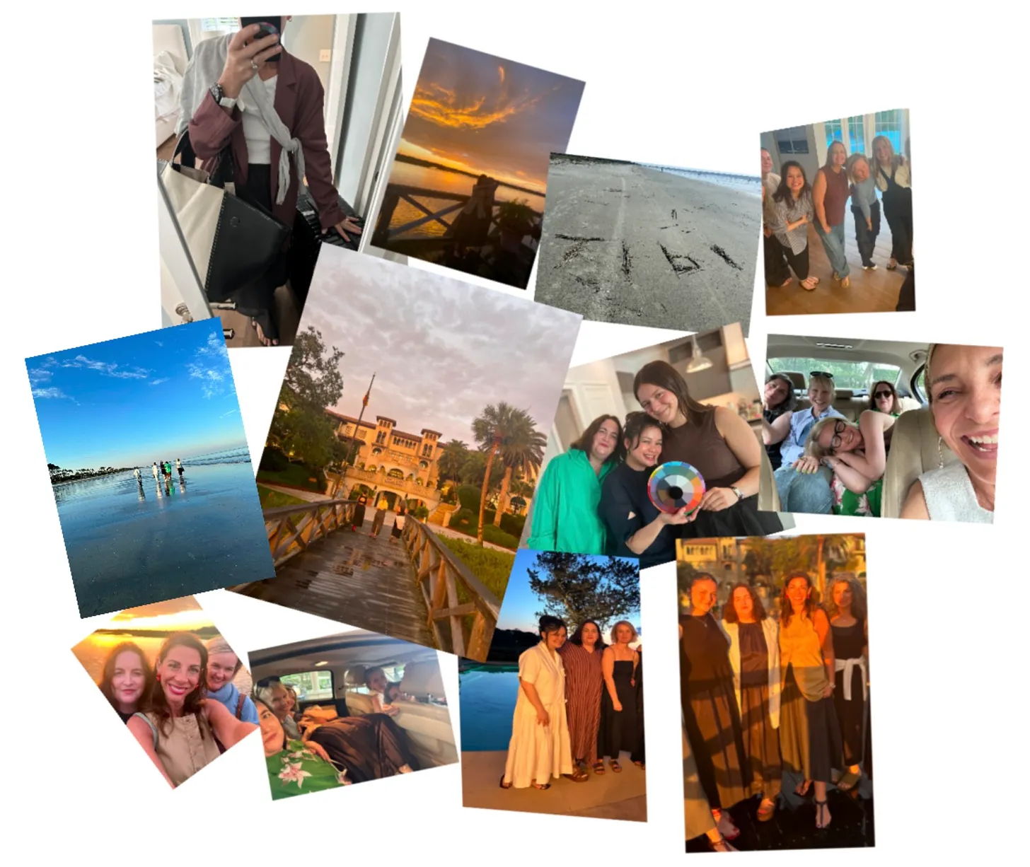 A collage of various photos featuring people and scenic views.