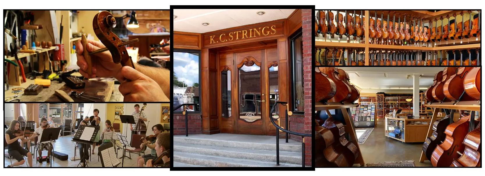 Collage picture of the front of k.c. strings, inside, row of violins, violin repair, and students performing.