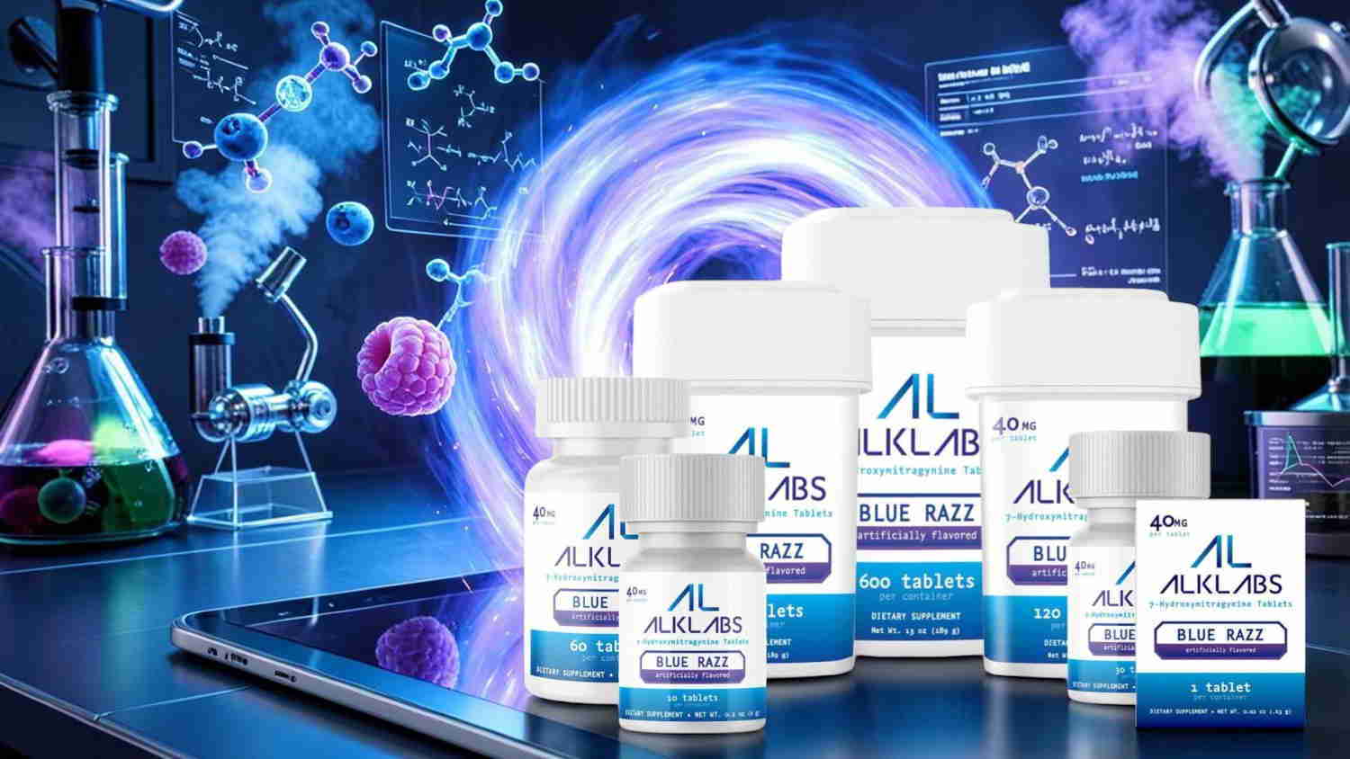 Bottles of supplements with a scientific background and colorful chemical elements.