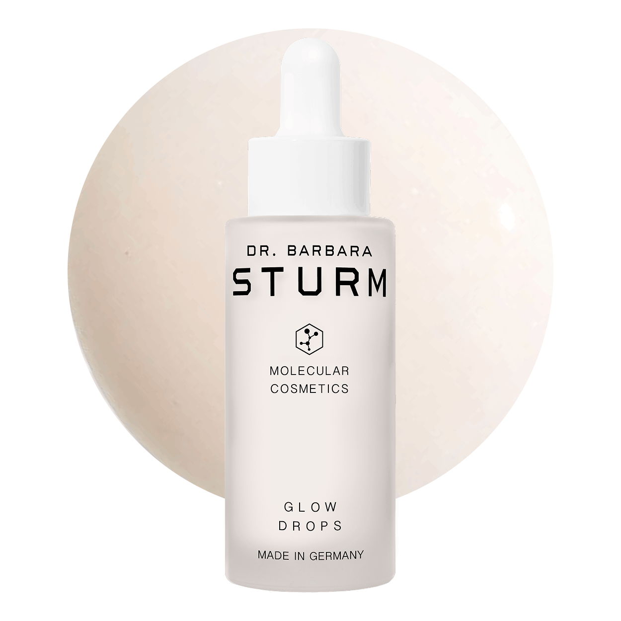 Bottle of Dr. Barbara Sturm Glow Drops with a circular background.