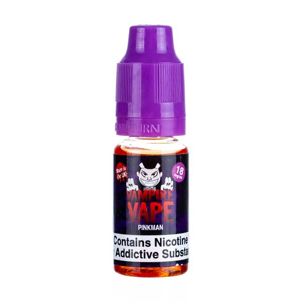 Purple vape juice bottle with warning label about nicotine addiction.