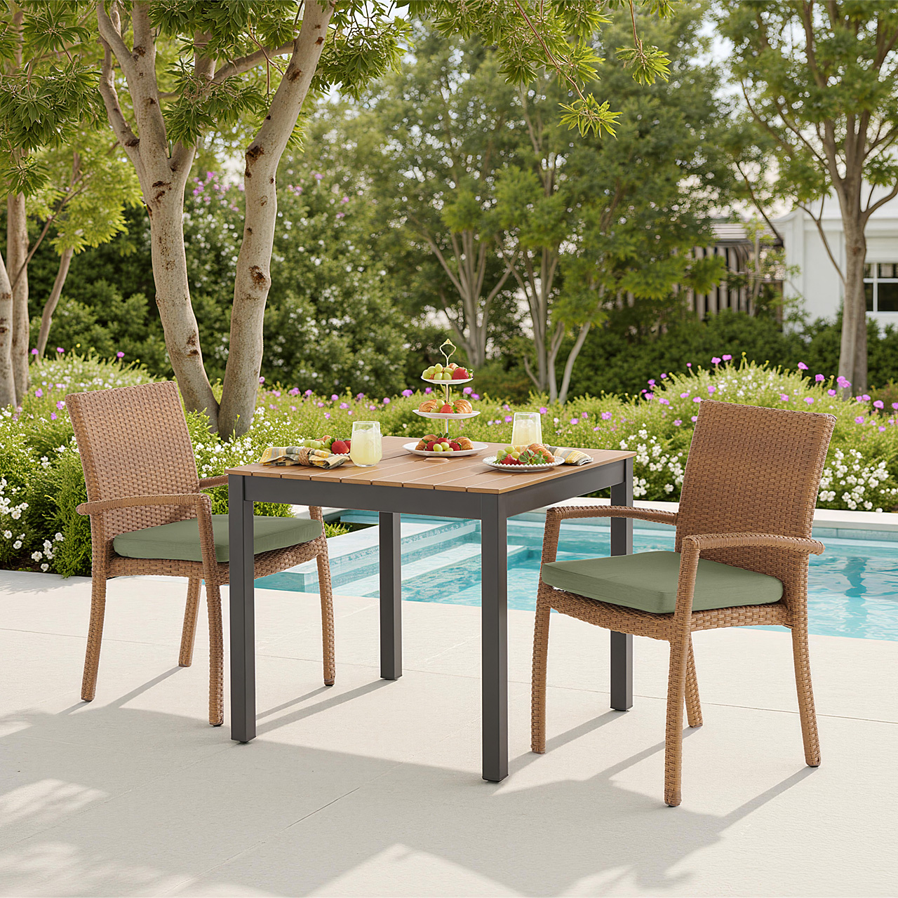 Outdoor dining table with two chairs beside a swimming pool.