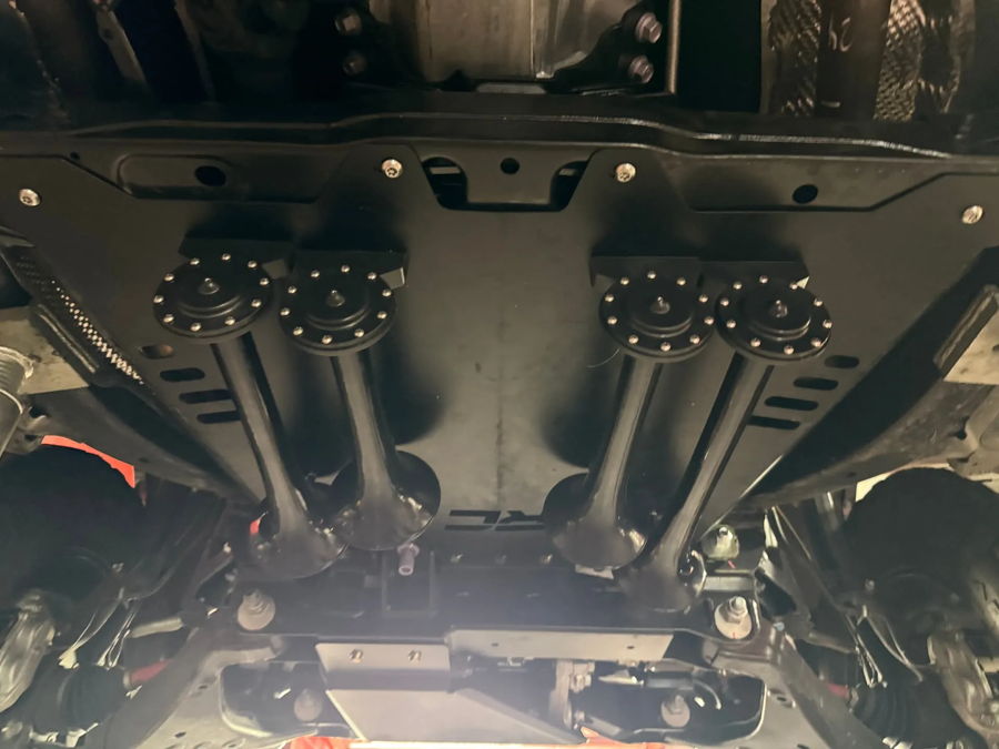 Underside four glossy black train horns RC logo mounting plate low angle Jay's Toyota Tundra Conductor's Special 228H gallery photo 6