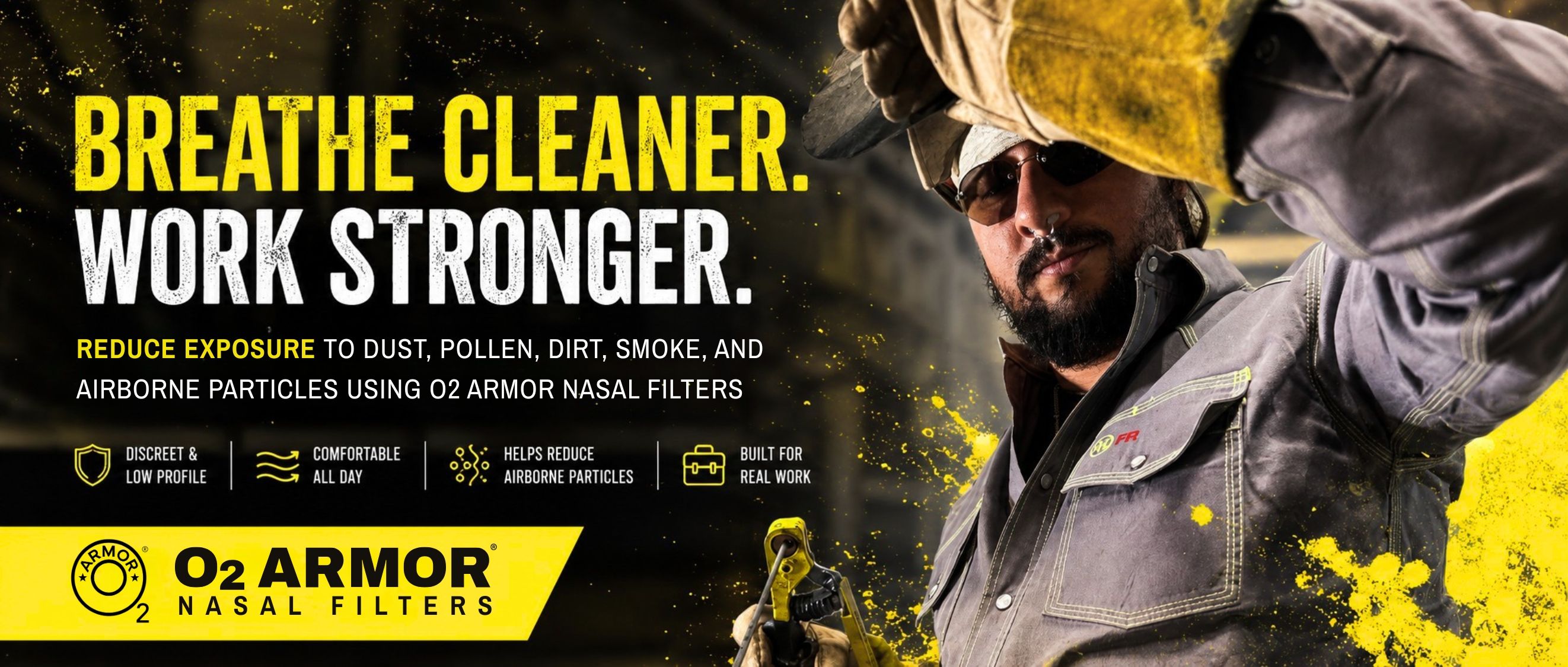 welder wearing o2 armor nasal filter