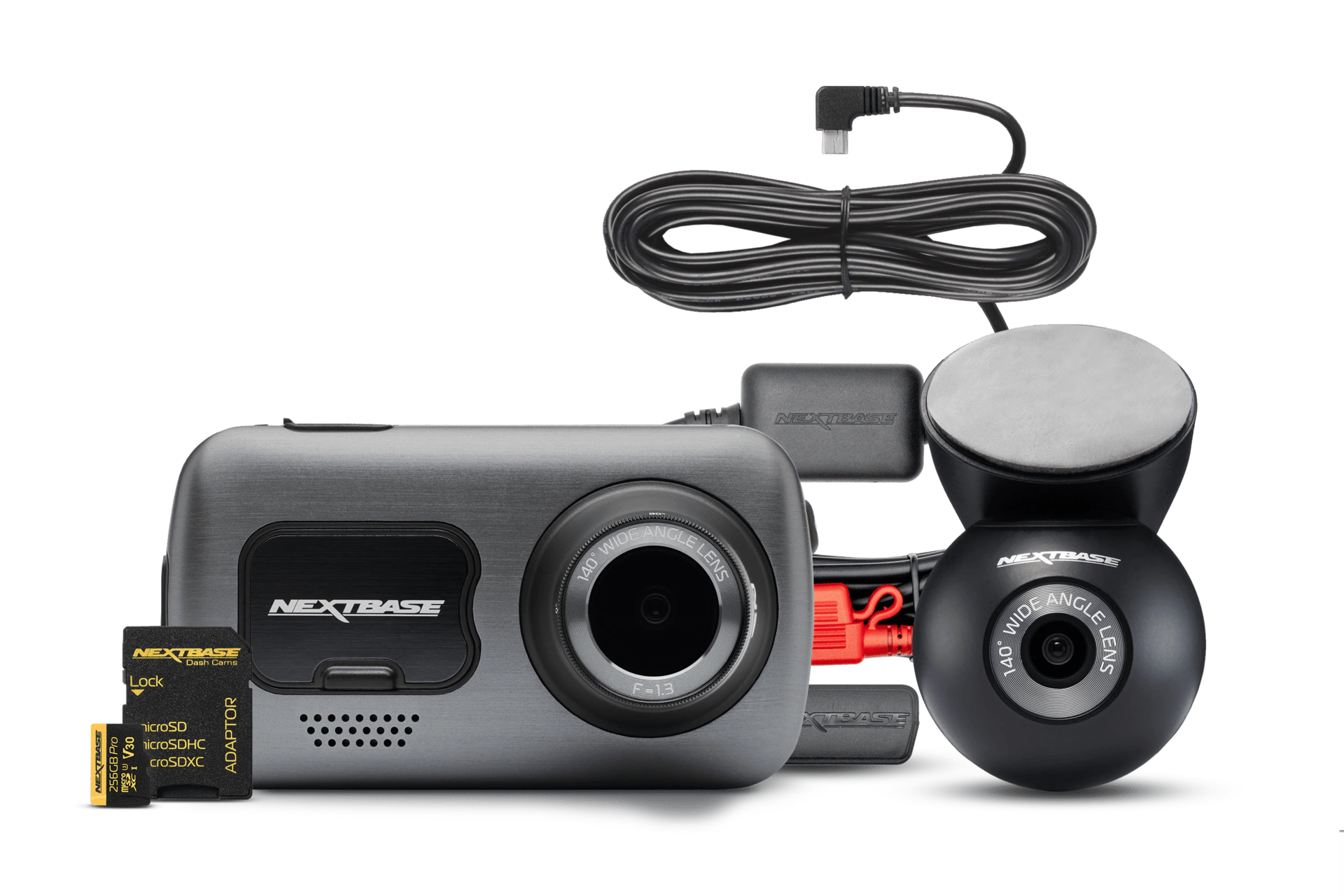 Dash camera with accessories including a mount and power cable.