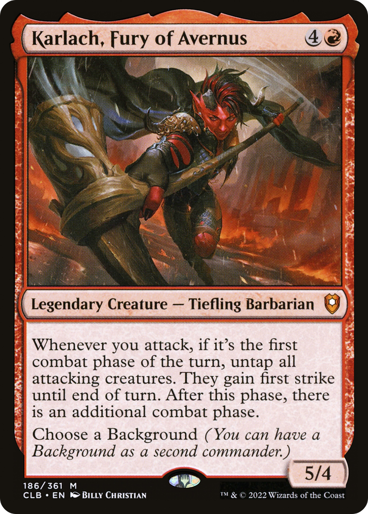 The MTG card Karlach, Fury of Avernus.