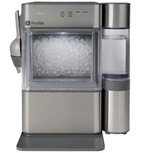 Countertop ice maker with a clear bin and water reservoir.