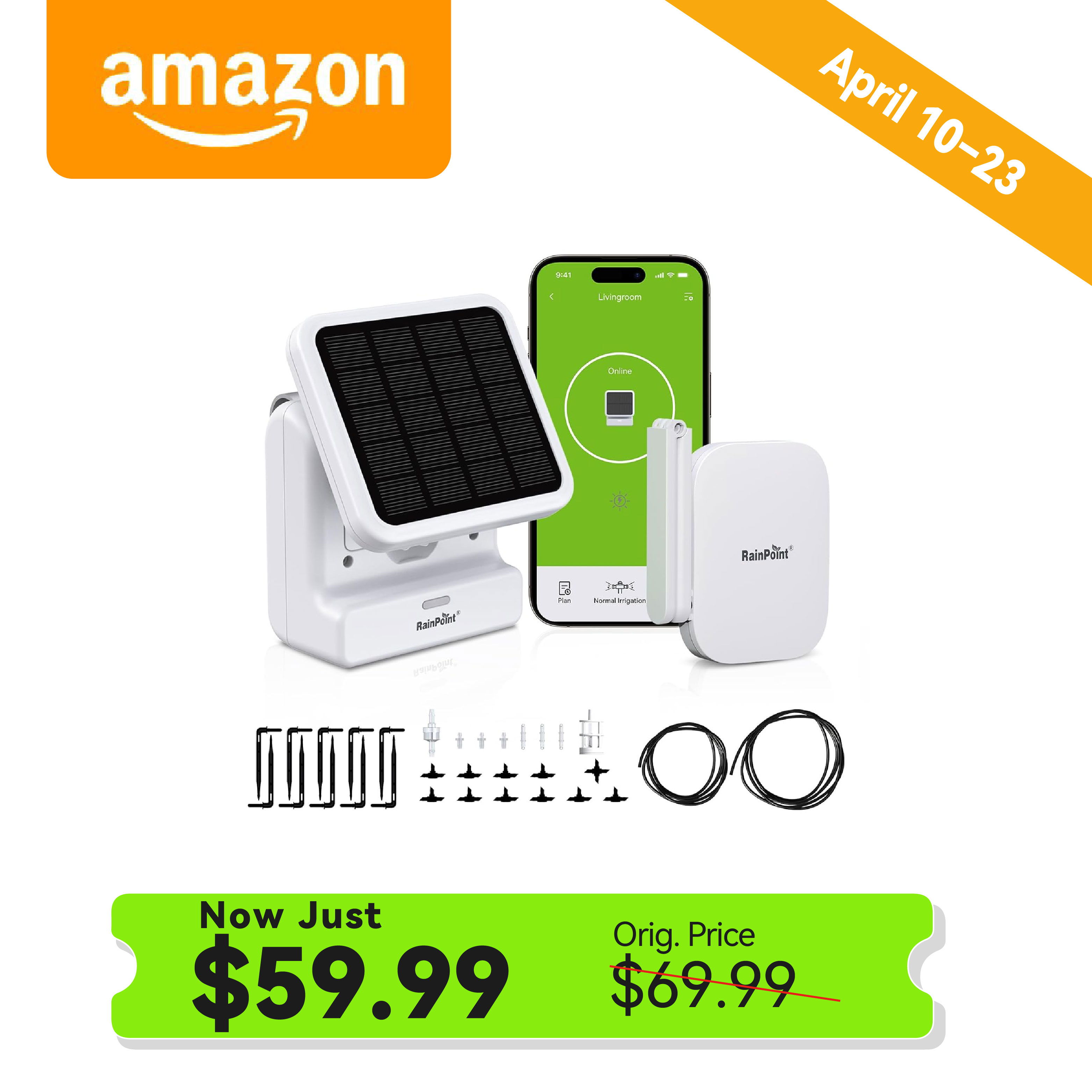 Solar-powered device promotion with price and dates.