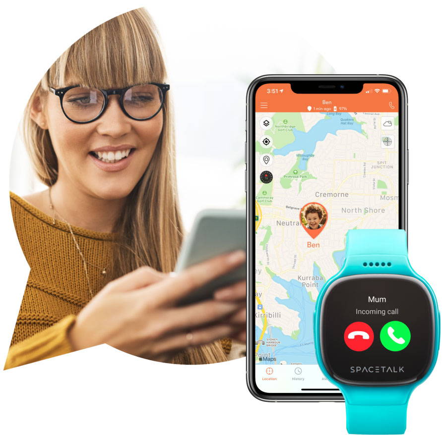a young parent uses the Spacetalk app on her mobile to check her child's location