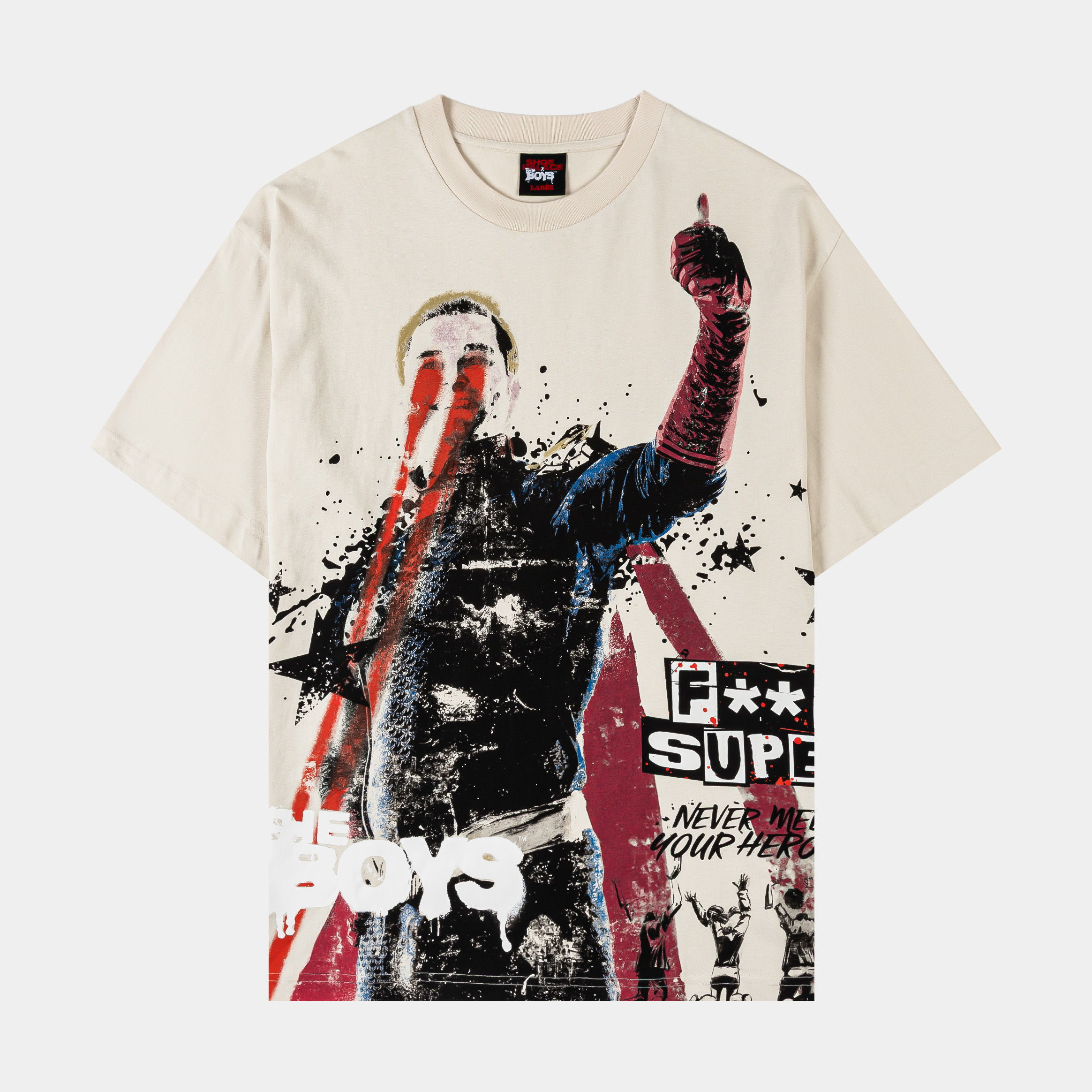 Graphic t-shirt featuring a distressed design with bold text and imagery.
