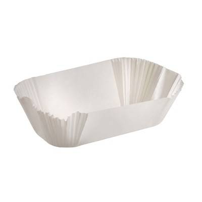 A rectangular white paper baking cup