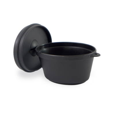An oval black dish with a lid