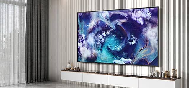 Modern living room with a large abstract artwork on the wall.