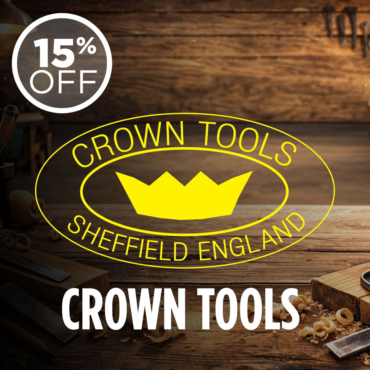 Crown Tools logo with 15% off promotion, Sheffield, England.