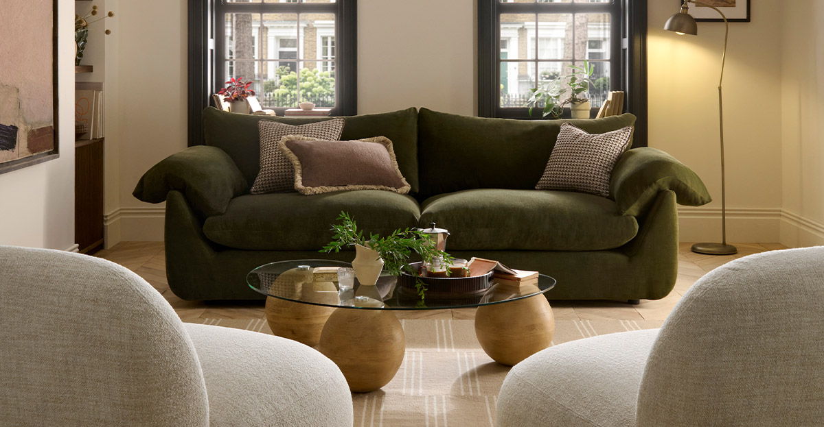 Vogue Williams Bayswater sofa with accent cushions in traditional style UK home