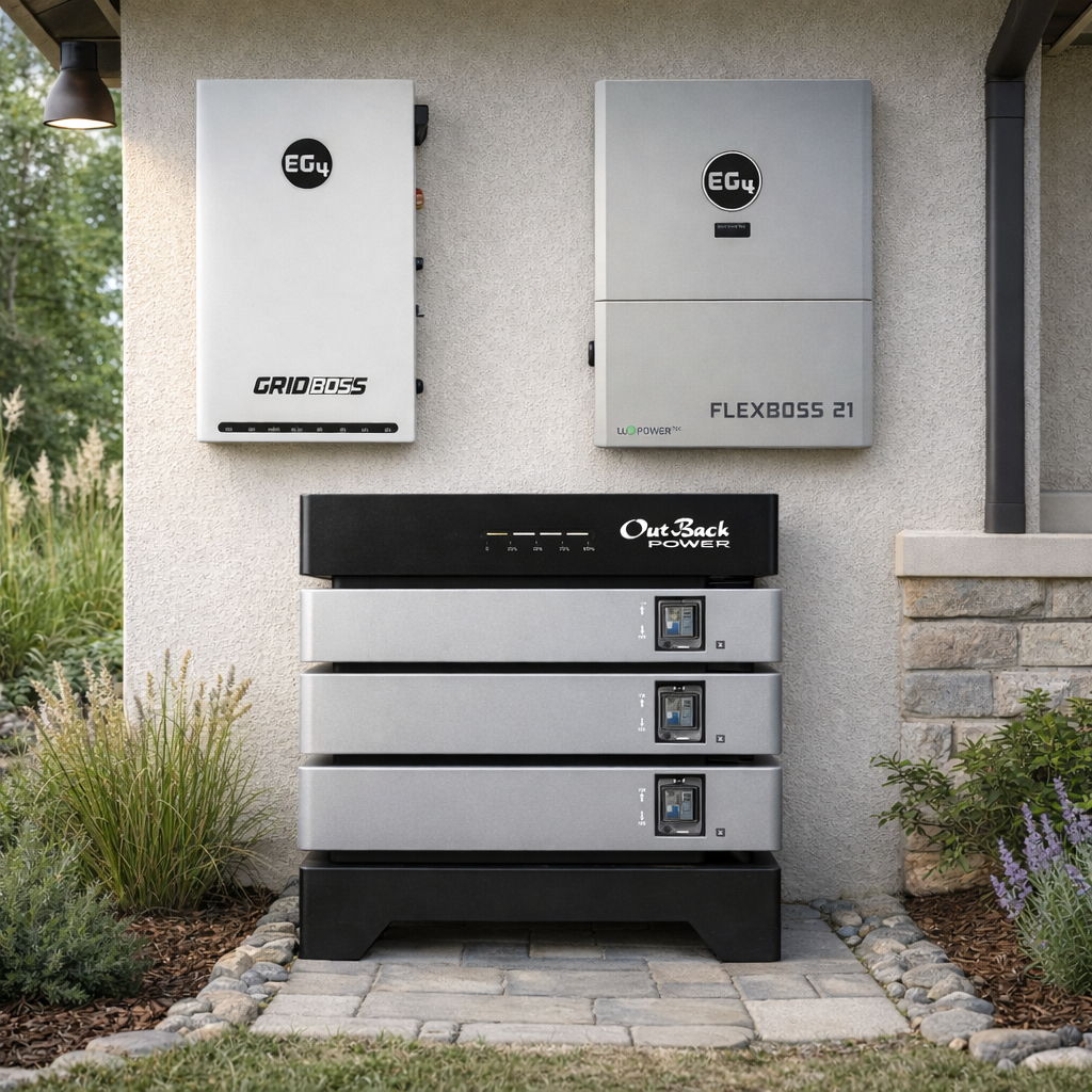 EG4 GridBOSS and FlexBOSS21 with Outback Power batteries against home exterior.
