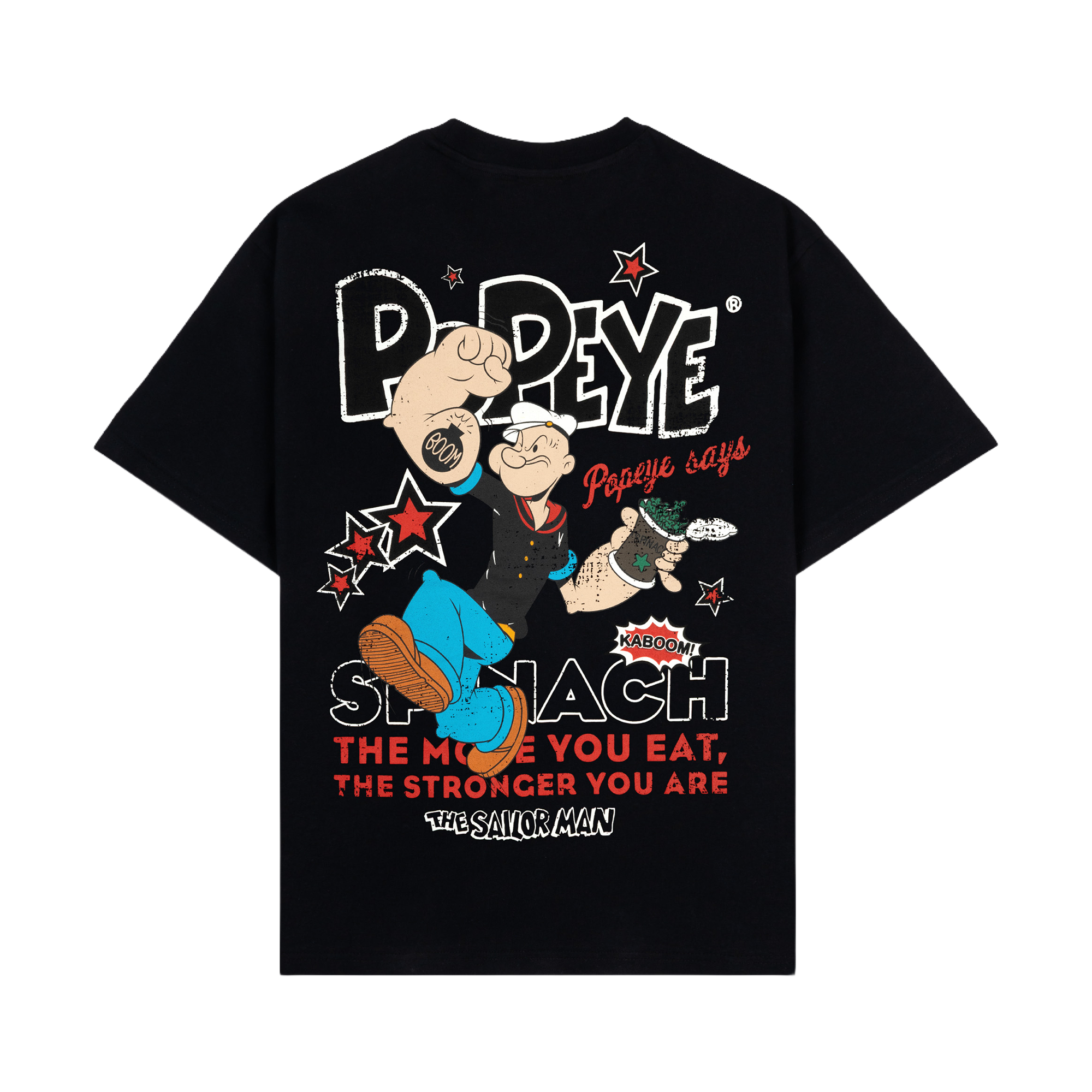 Black t-shirt with graphic logo on the front.