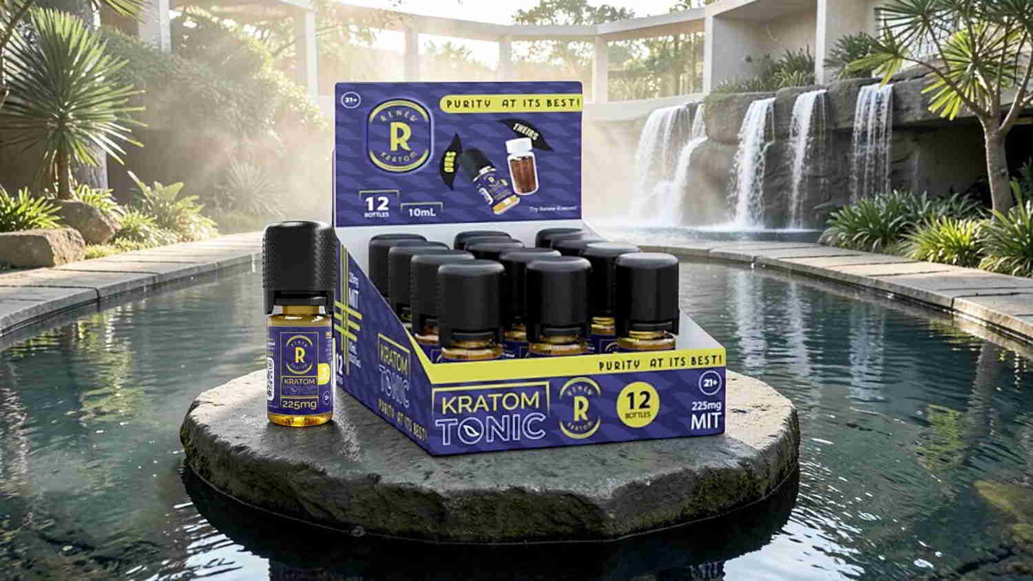 Display of products near a serene water feature with greenery.