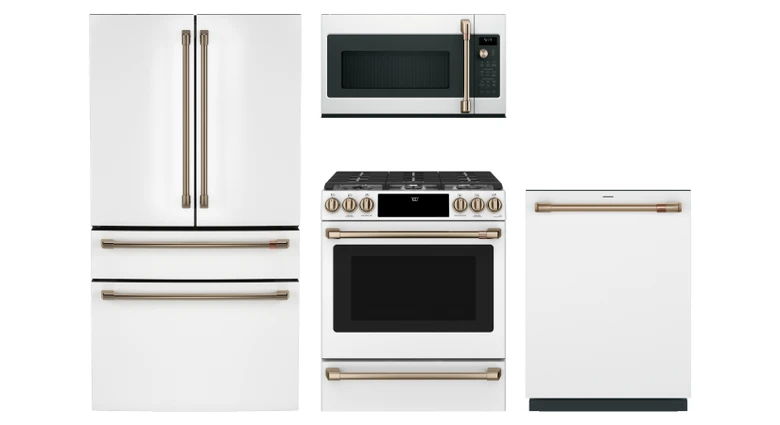 Four modern kitchen appliances: refrigerator, microwave, oven, and dishwasher in white.