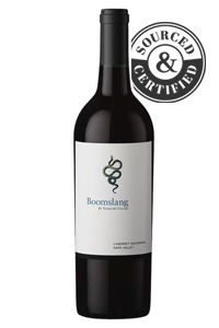 Bottle of Boomslang wine with a certification logo.