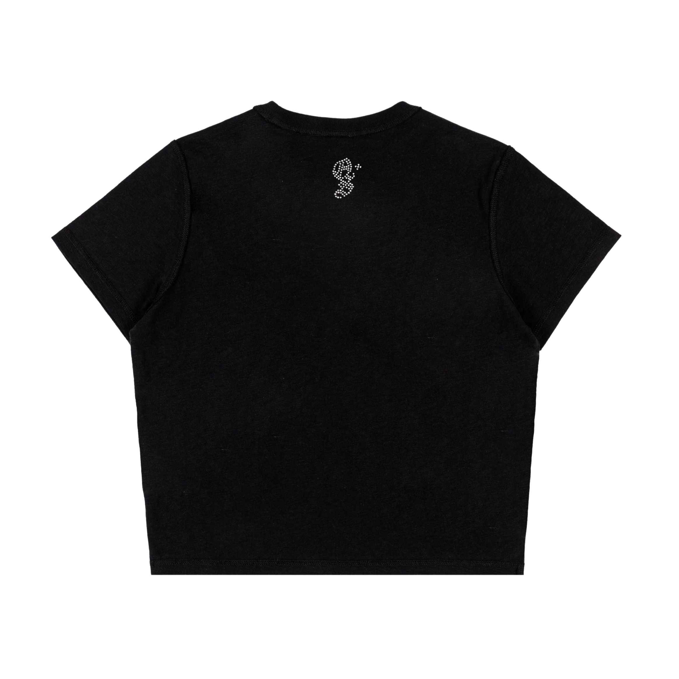 Black cropped t-shirt with a pink heart and decorative design.