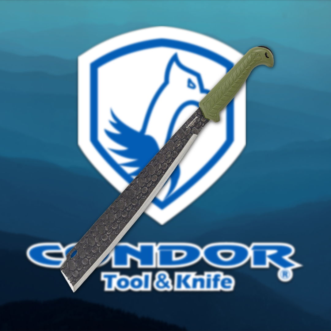 A knife displayed with the Condor Tool & Knife logo in the background.