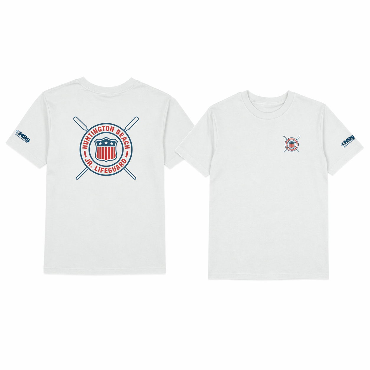 front and back of a white t-shirt with HB Lifeguard logos on white background