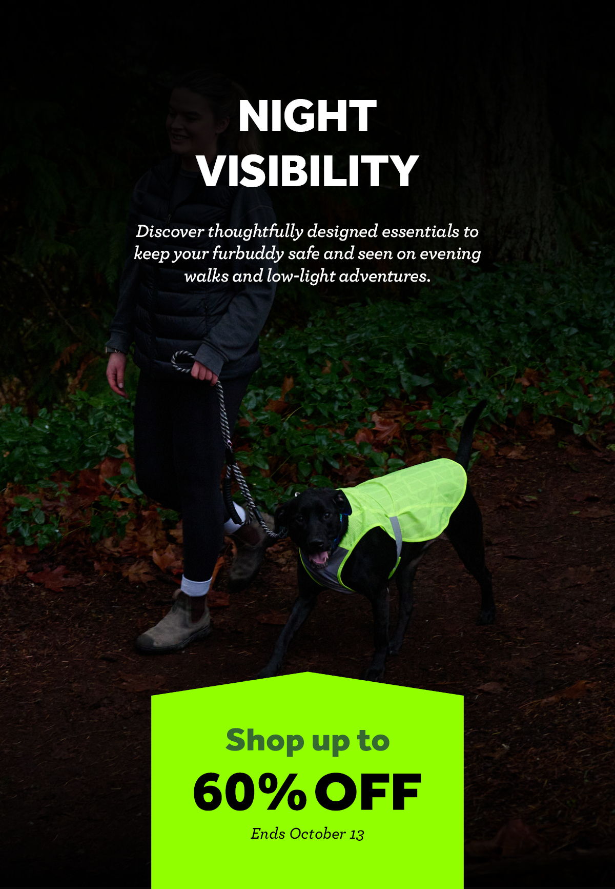 Person walking a dog in reflective gear, promoting night visibility products.