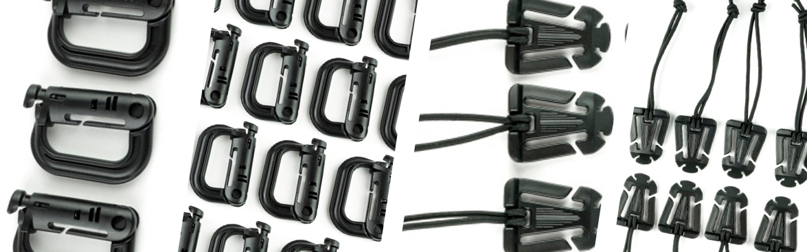 Photo collage of clips and carabiners used for organizational tools in off-road vehicles.