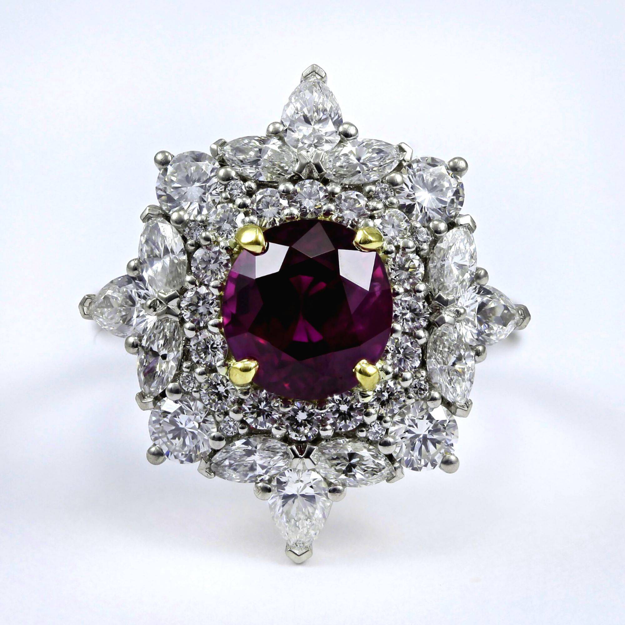 ruby and diamond halo statement ring at Henne Jewelers