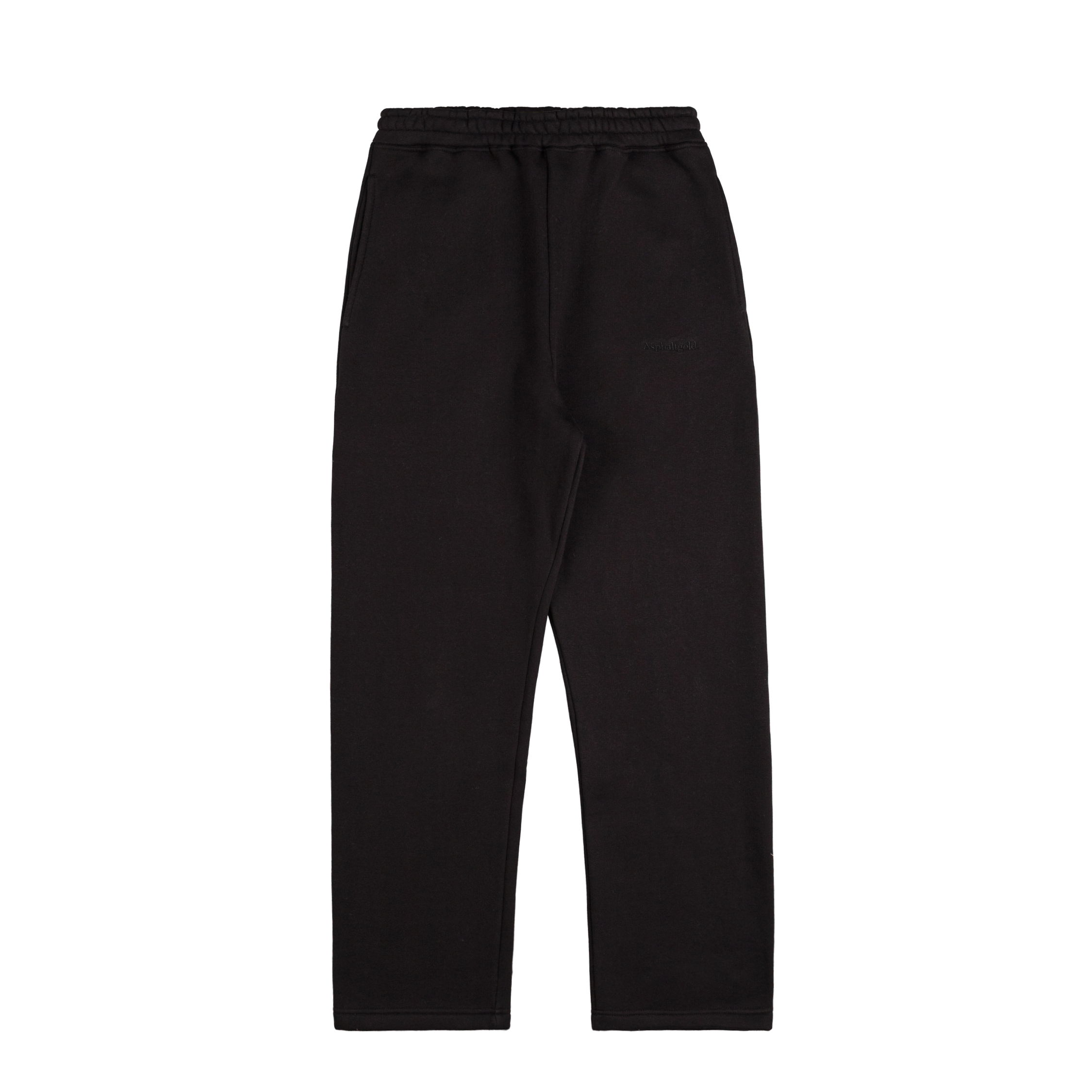 Black sweatpants with an elastic waistband, laid flat.