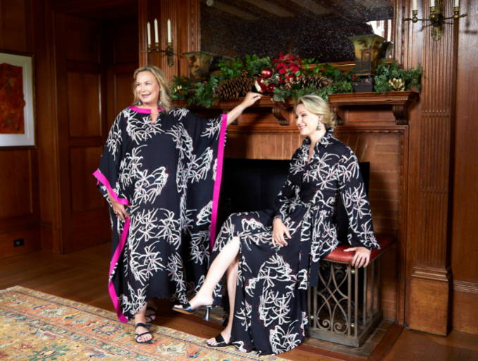 Ala and Sunny wearing black and white silk kaftans and dresses in Newport Rhode Island by Ala von Auersperg