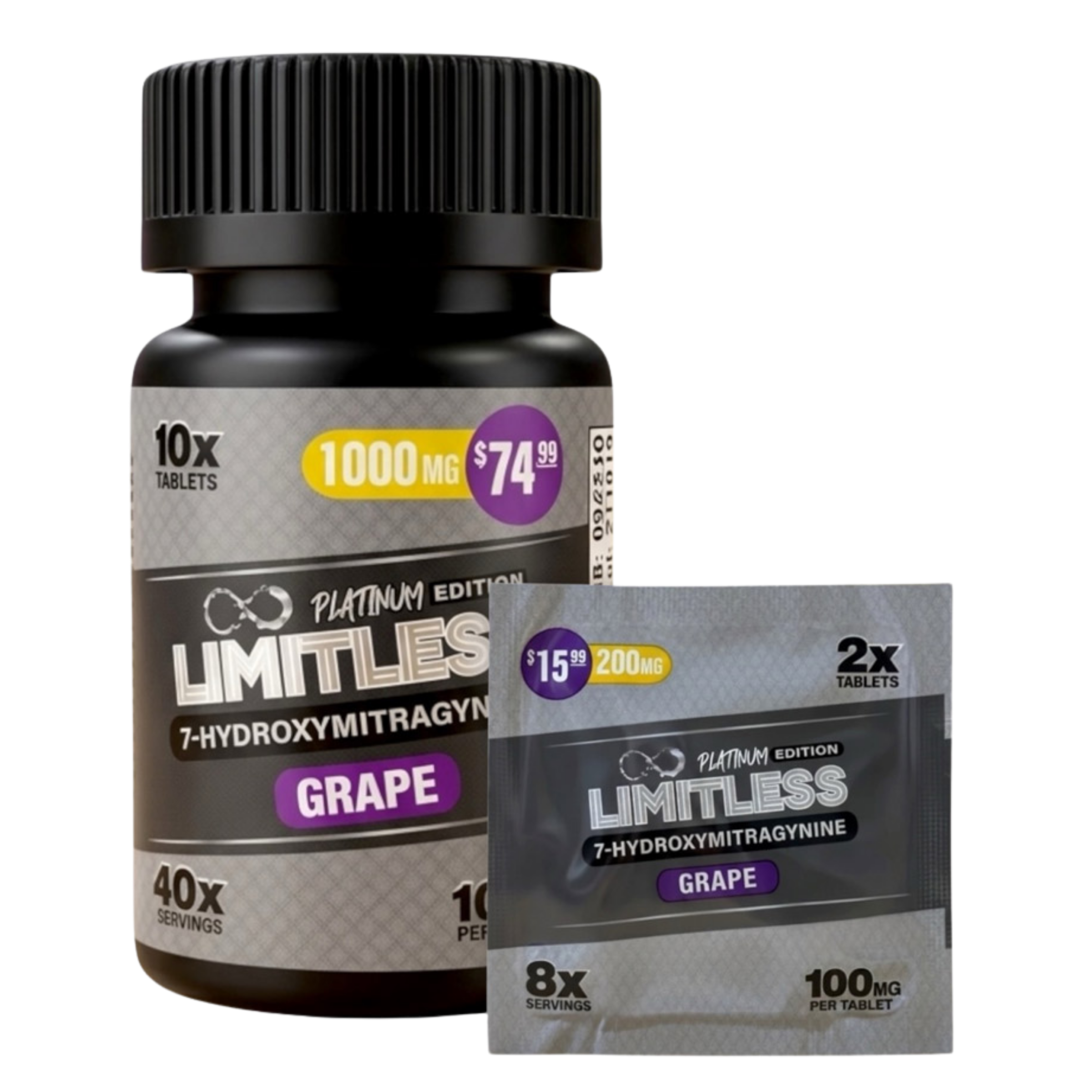 Bottle and packet of Limitless supplement in grape flavor.
