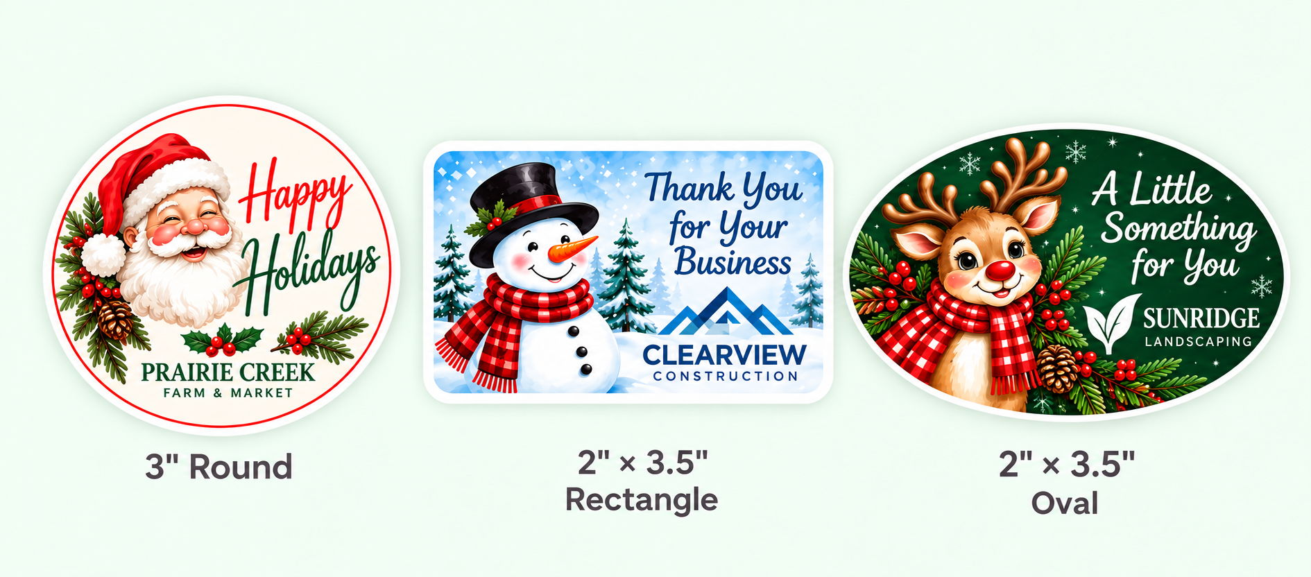 Holiday sticker size comparison showing a 3-inch round Santa sticker, 2 by 3.5-inch rectangular snowman sticker, and 2 by 3.5-inch green oval reindeer sticker.