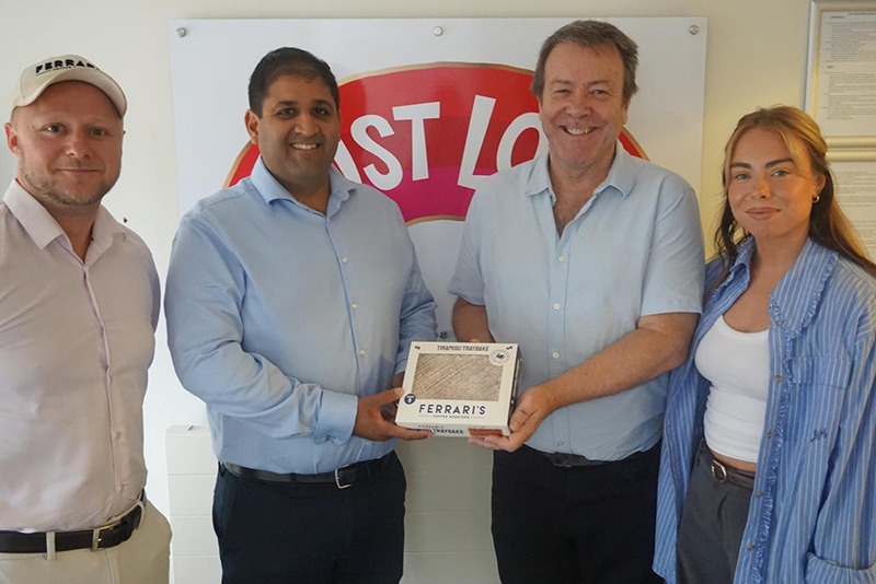 George Burdett, Yash Dhutia, Michael Woods and Danika Woods presenting Ferraris Coffee's Tiramisu Traybake at Just Love Food Company.