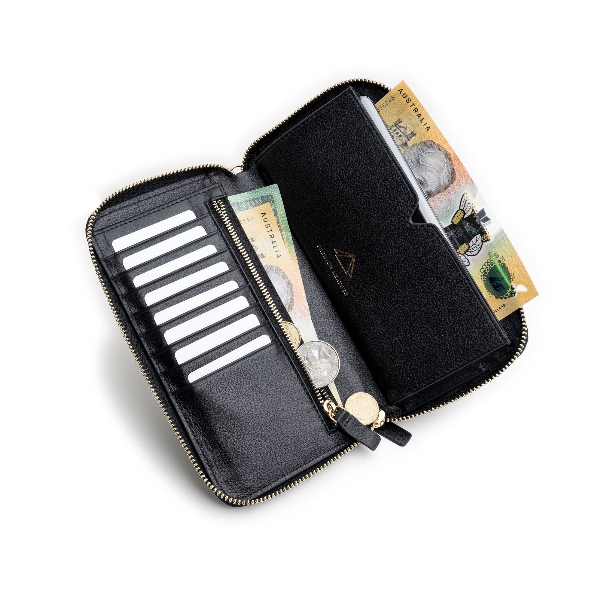 Karakoram2 women's wristlet wallet zipper smartphone travel wallet passport secure black elegant