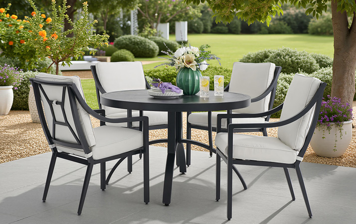 Outdoor dining set with a round table and four chairs.