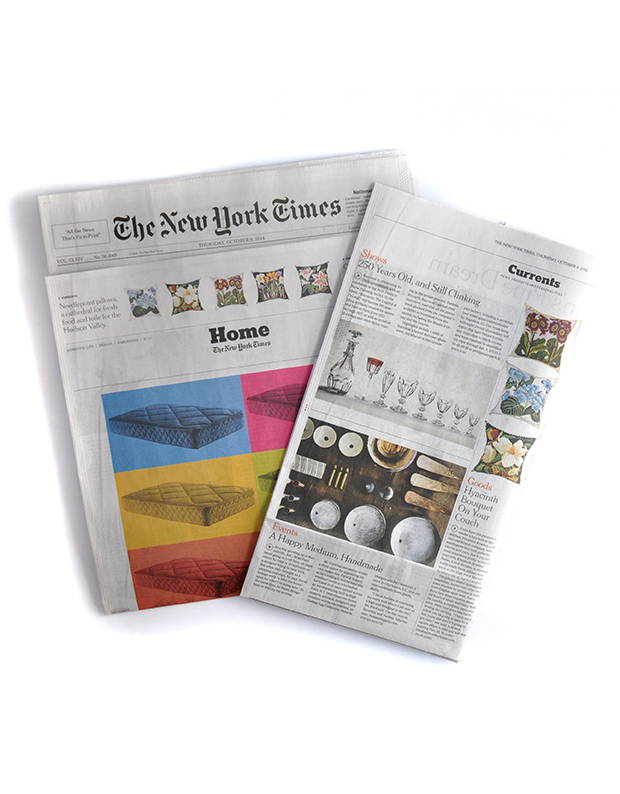 The New York Times home section featuring Elizabeth Bradley cushions
