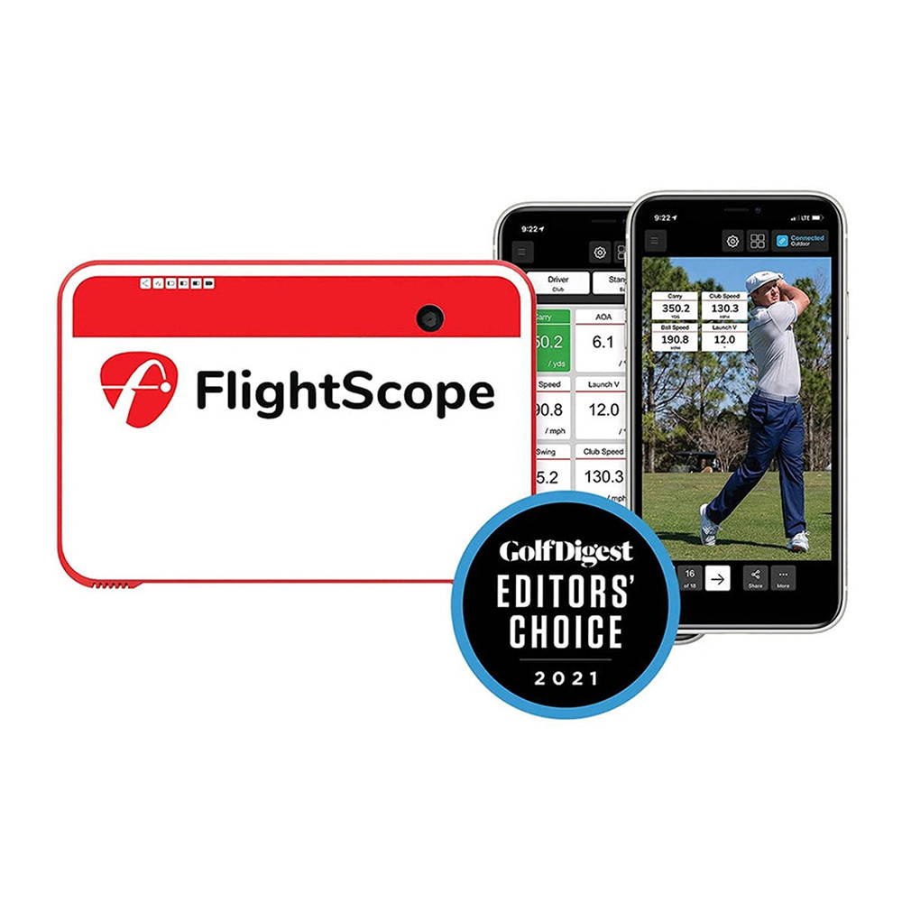 The FlightScope Mevo Plus with two smartphones showing data