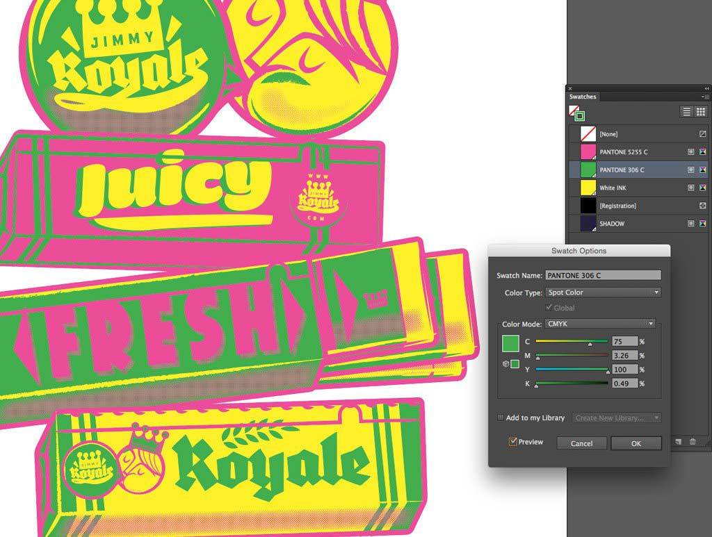 Double clicking colors of retro t-shirt design in swatches panel and converting to CMYK to make sure Pantone colors are correct in Adobe Illustrator
