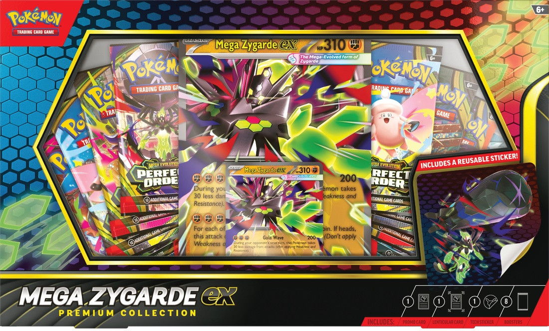 Pokemon Mega Zygarde Premium Collection box with various cards and accessories.