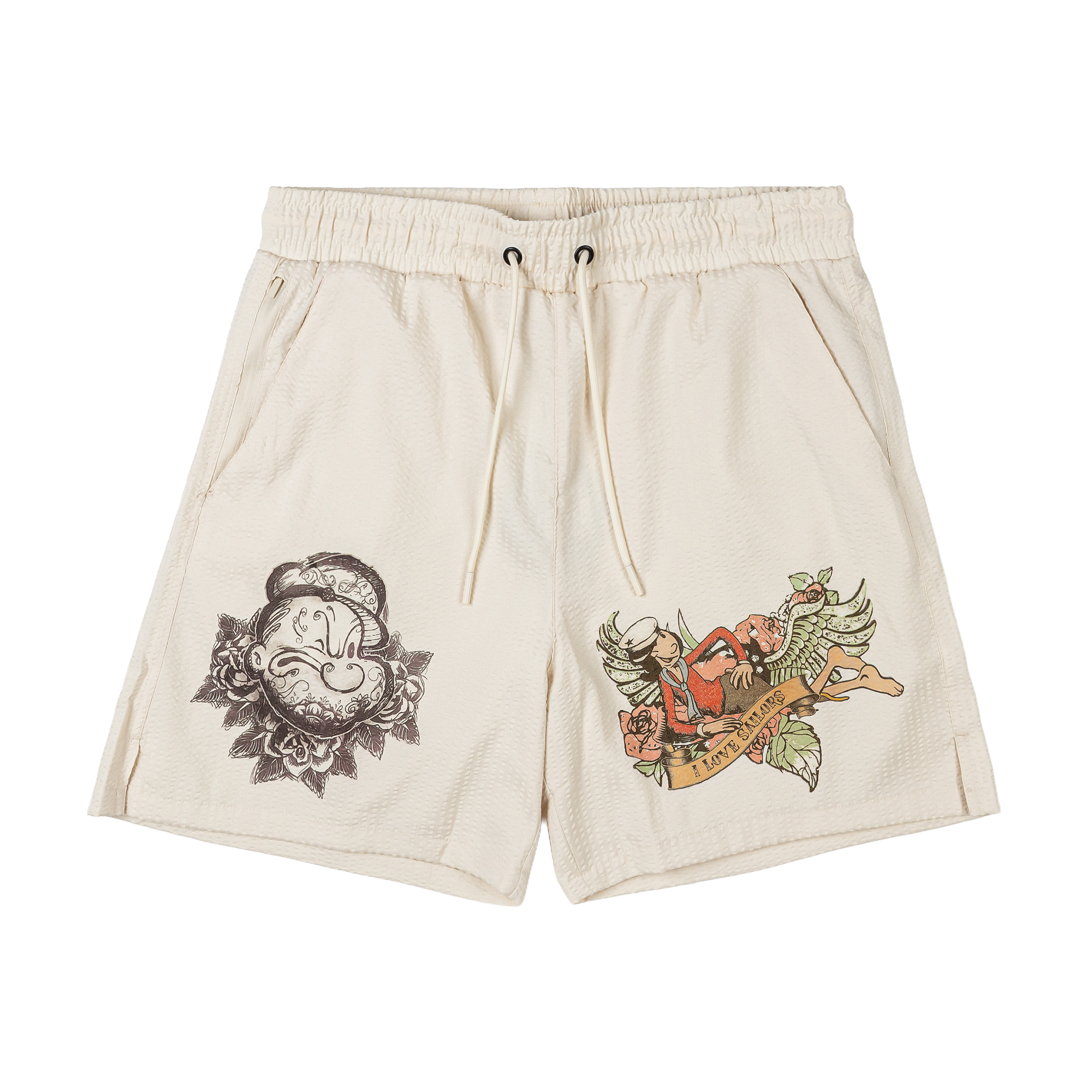 Beige shorts with decorative prints on each side.