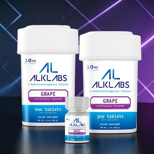 Three bottles of ALKLABS grape-flavored effervescent tablets on a colorful background.