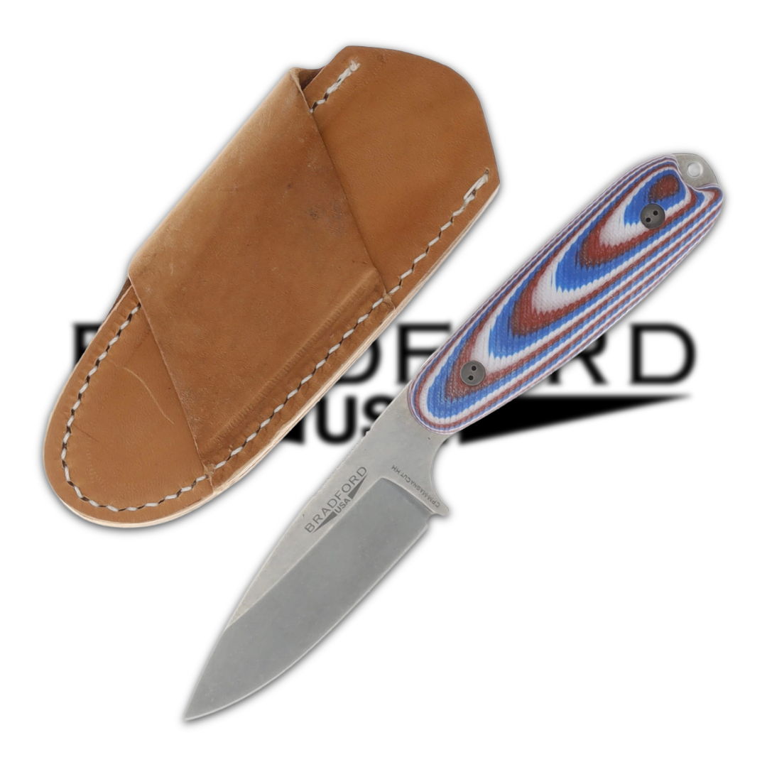 Knife with a colorful handle and brown leather sheath.
