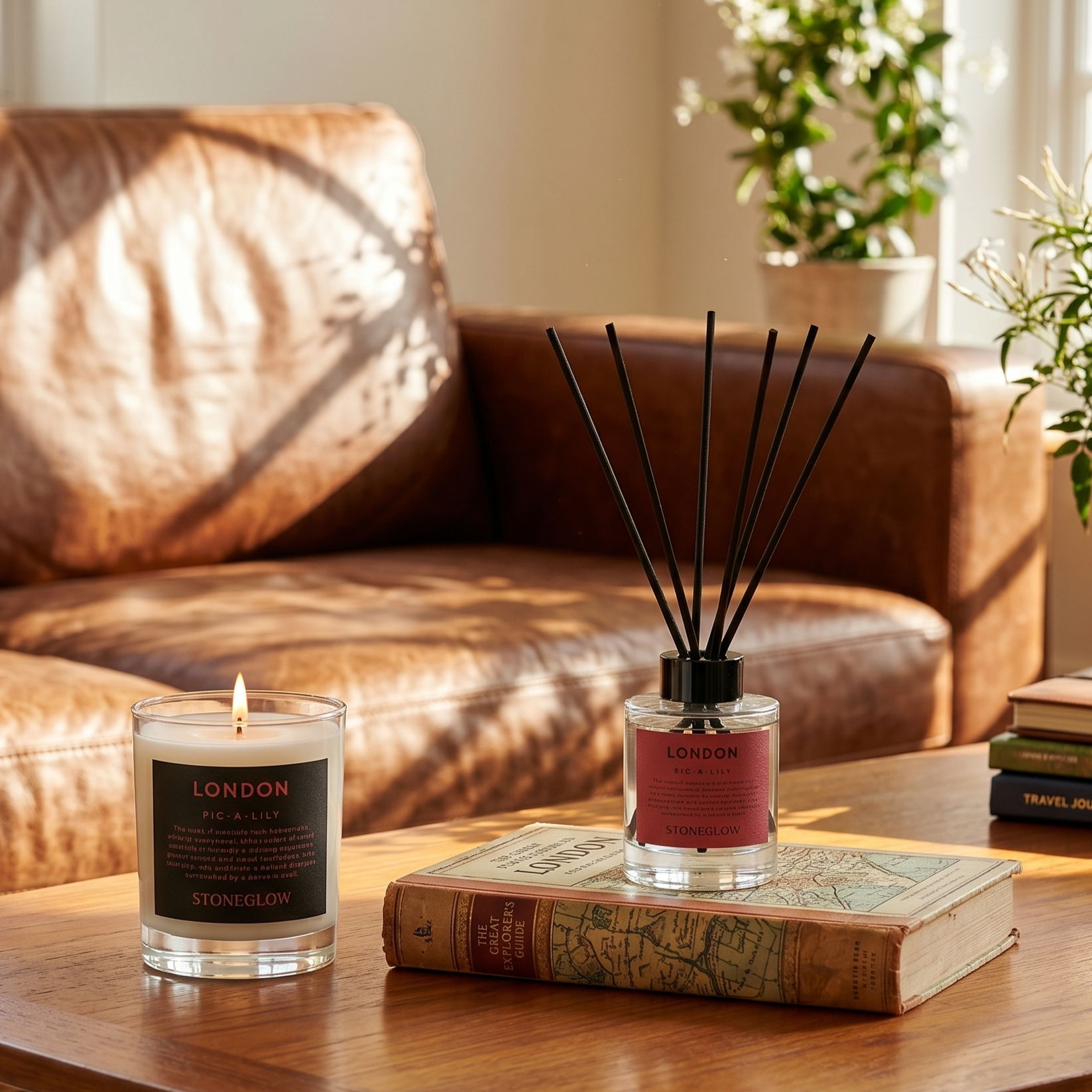 A cozy living room with candles and a diffuser on a wooden table.