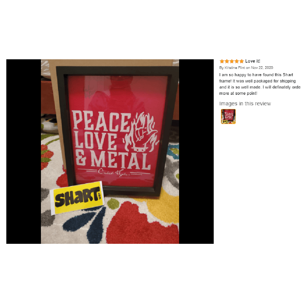 Framed Red Caleb Hyles Peace Love & Metal tee shirt in  a Shart Original T-Shirt Frame