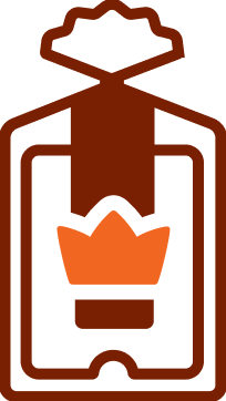 Brown and orange badge icon with a crown design.