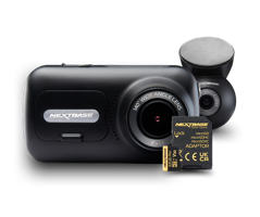 Black dashboard camera with an SD card.