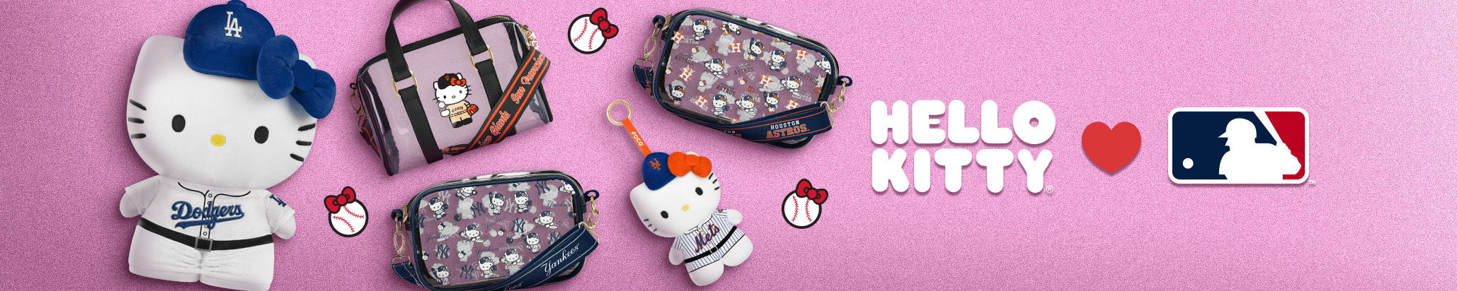 Hello Kitty merchandise featuring bags and plush toys on a pink background.