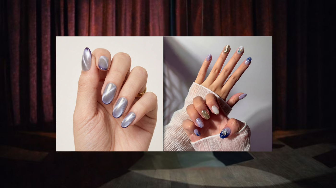 Hands displaying EyeCandys Lavendroid and In De-Nile press-on nails, featuring stylish manicure designs with purple, blue, and gold accents for fashion-forward nail art and cosmetic beauty styling